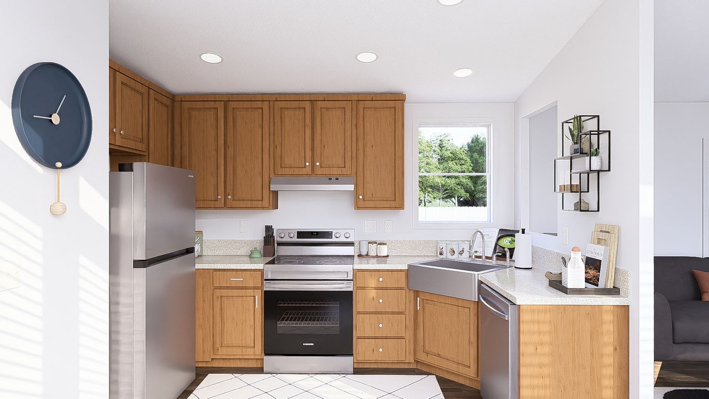 The DRM601M 60' DREAM Kitchen. This Manufactured Mobile Home features 1 bedroom and 2 baths.