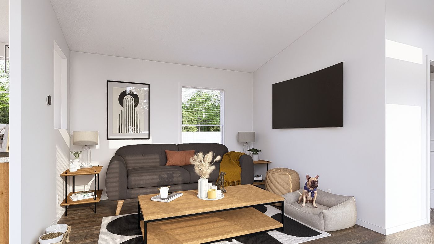 The DRM601M 60' DREAM Living Room. This Manufactured Mobile Home features 1 bedroom and 2 baths.