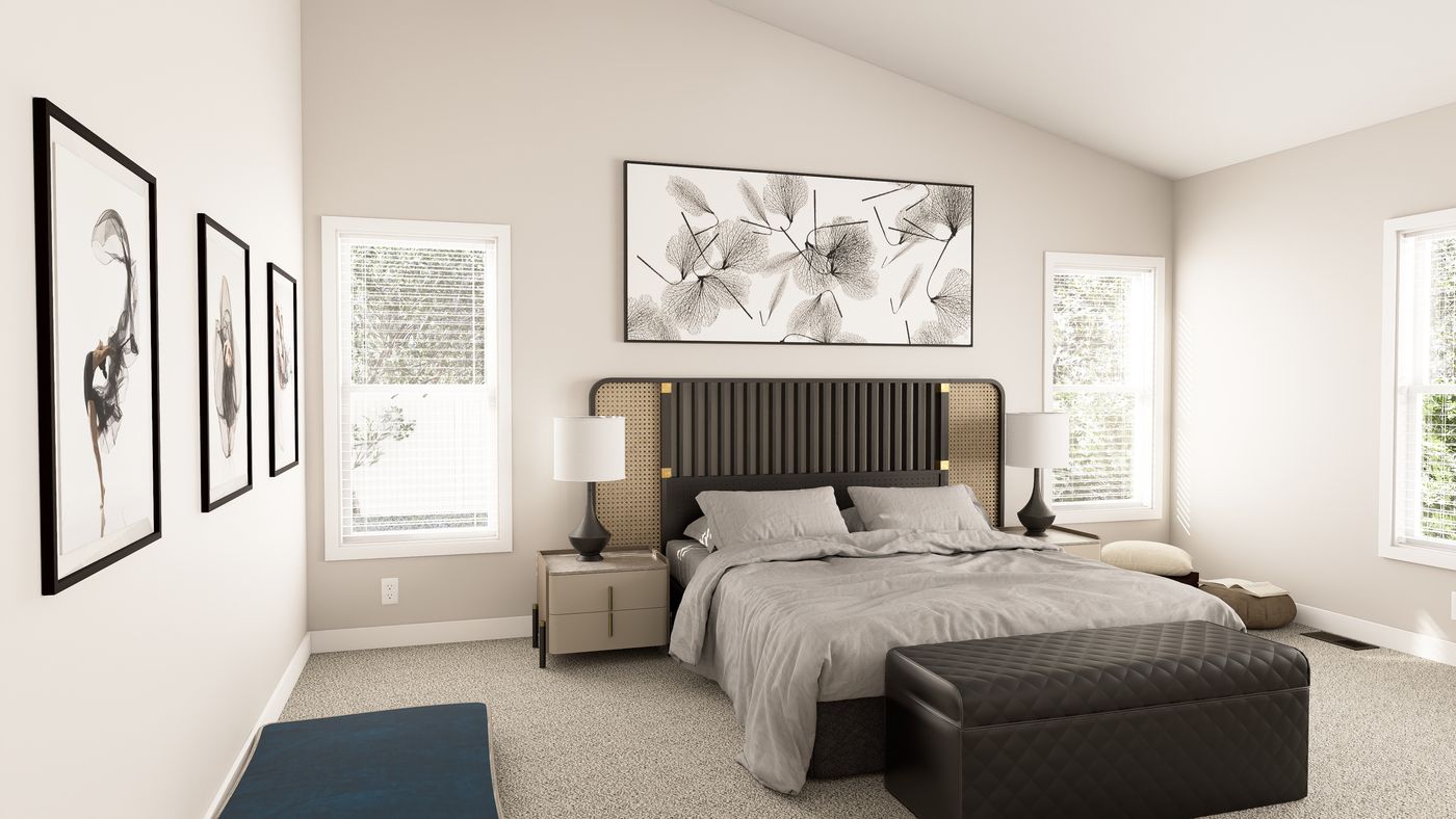 The ING602K GENERAL SHERMAN GW Primary Bedroom. This Manufactured Mobile Home features 3 bedrooms and 2 baths.