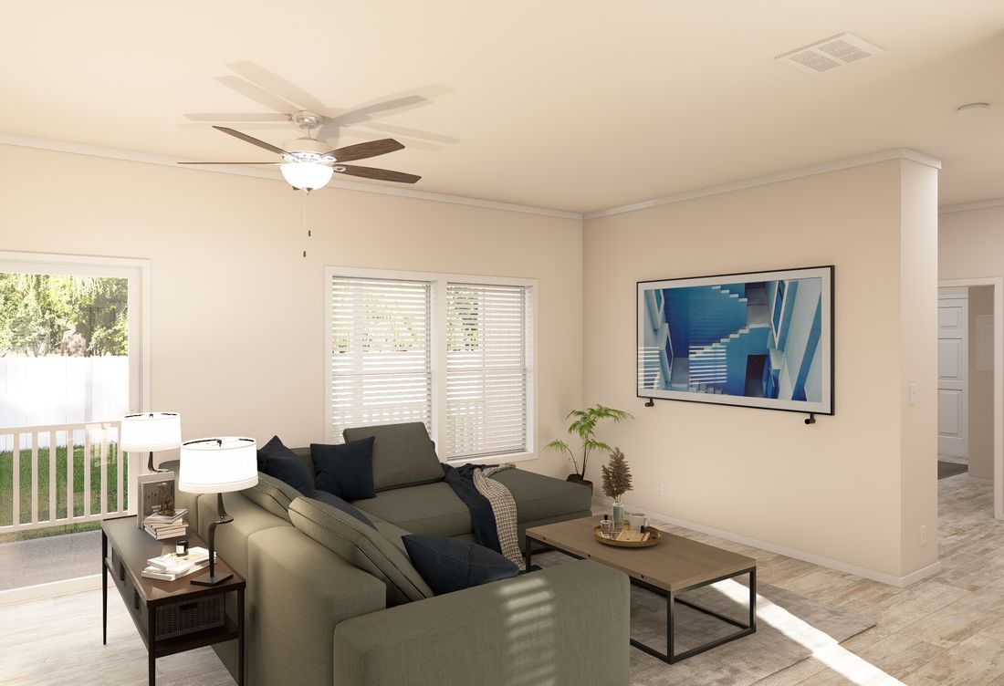 The ING763G PALM Living Room. This Manufactured Mobile Home features 3 bedrooms and 2 baths.