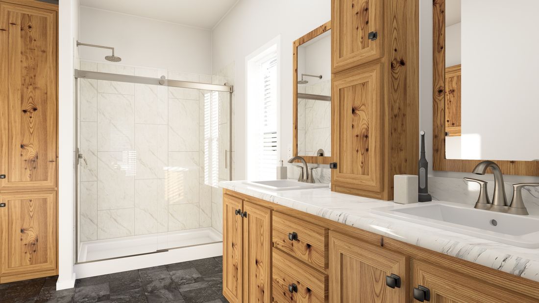 The ING485F BLUE SPRUCE         GW Primary Bathroom. This Manufactured Mobile Home features 2 bedrooms and 2 baths.