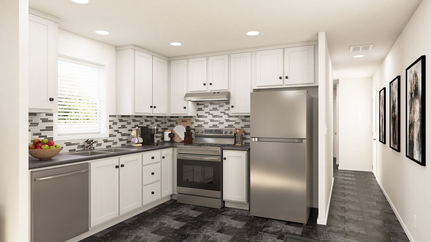 The DRM521M 52' DREAM Kitchen. This Manufactured Mobile Home features 2 bedrooms and 1 bath.